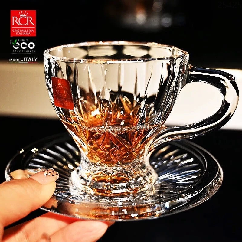 意大利进口水晶玻璃咖啡拿铁杯茶杯热饮牛奶马克杯花茶带碟复古