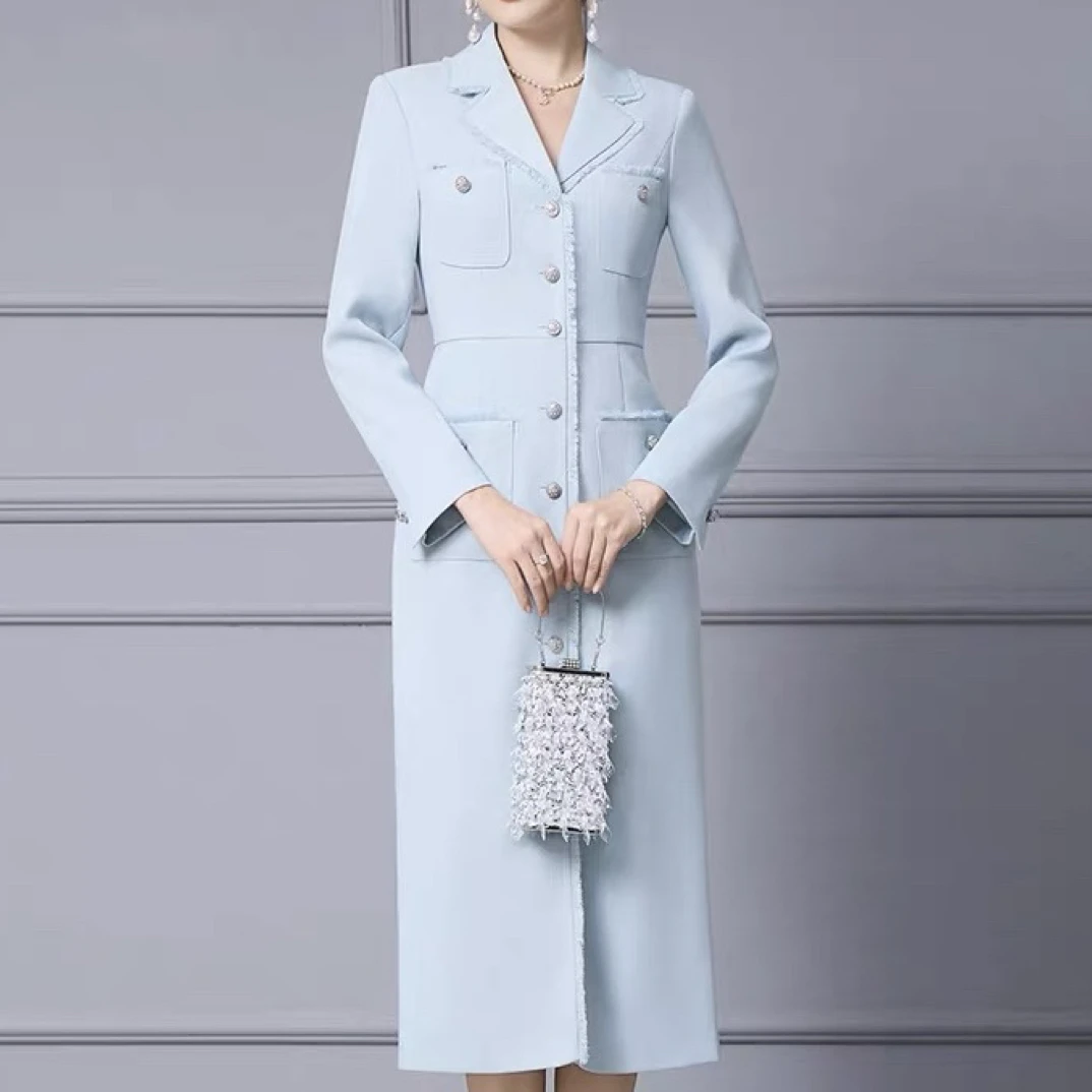 秋秋精选冬季新款大方得体西装领长袖小香风显瘦气质连衣裙21016