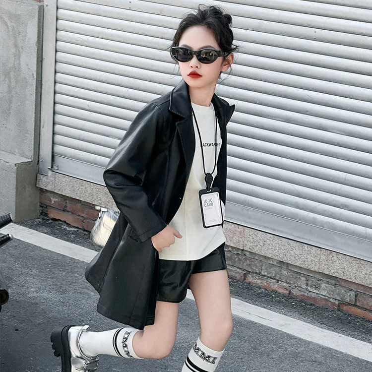 中大童女童皮风衣新款洋气时尚有气质韩版宽松休闲黑色小西服风衣