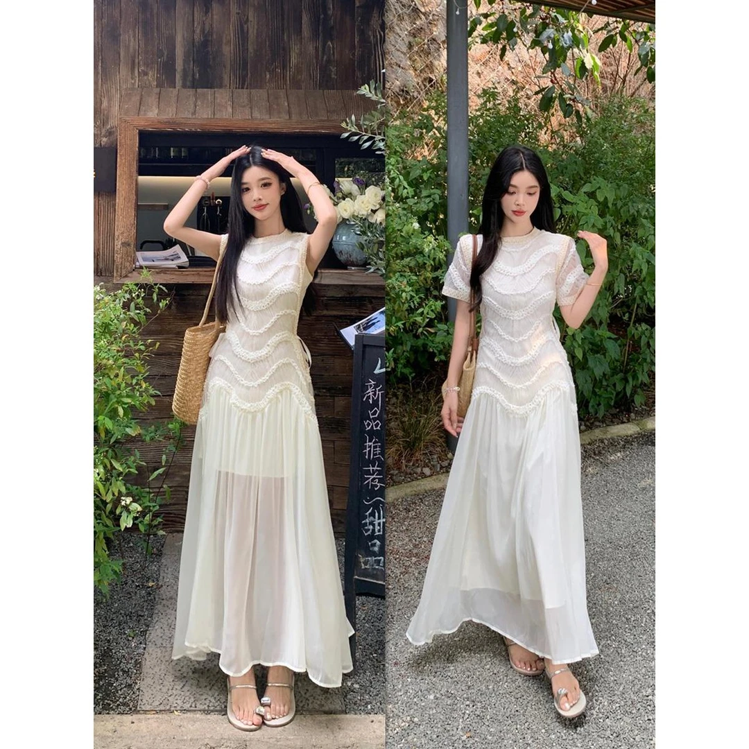 2025新款大码女装【浪漫流沙裙】夏季法式显瘦蕾丝拼接连衣裙设计感