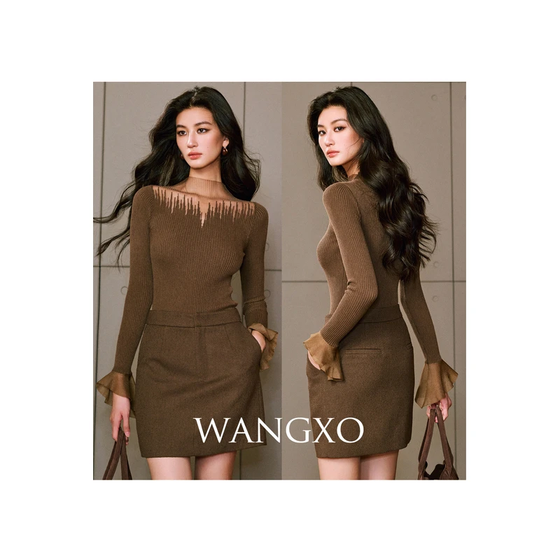 WANGXO 欧根纱拼接羊毛纱线喇叭袖上衣  240986W