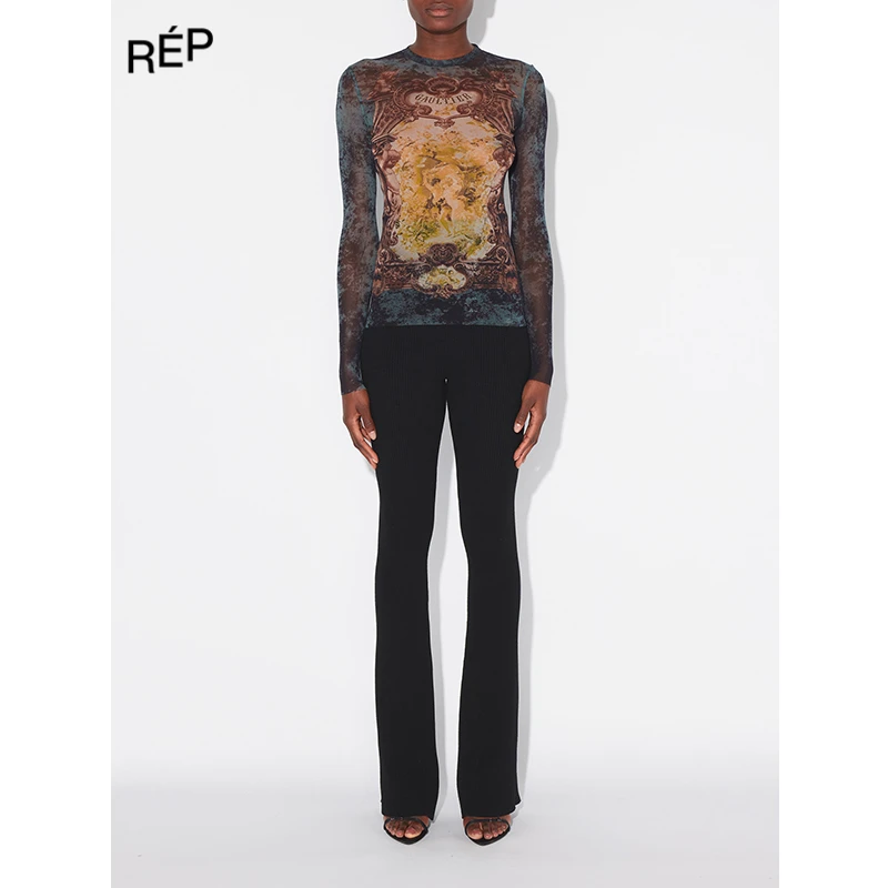Jean Paul Gaultier设计师品牌黑色印花网眼长袖T 25FW