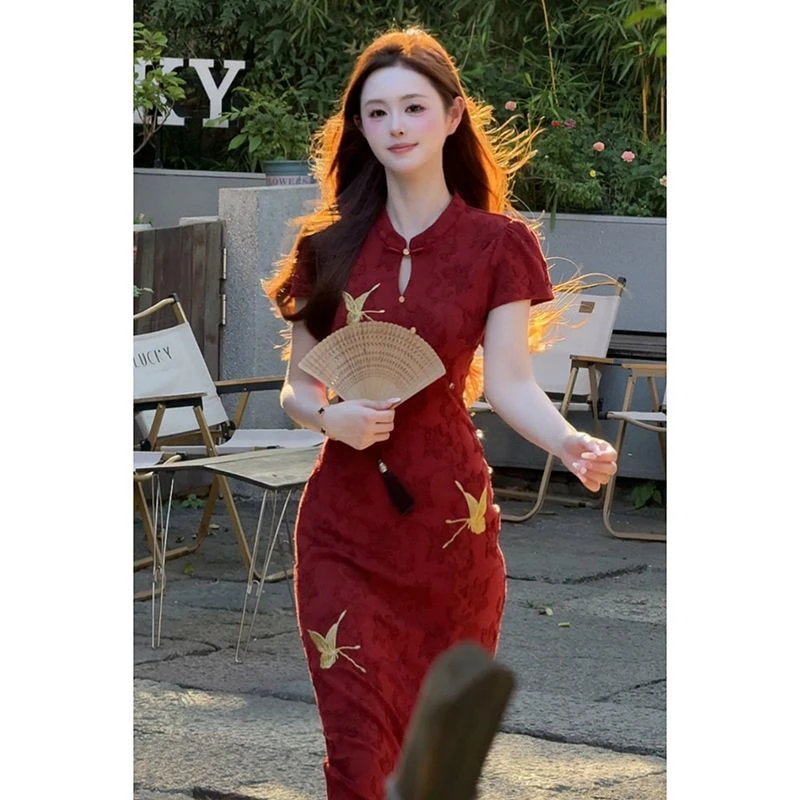 【化蝶红色】七七很芒新中式长袖拼蕾丝提花刺绣婚礼服旗袍连衣裙女