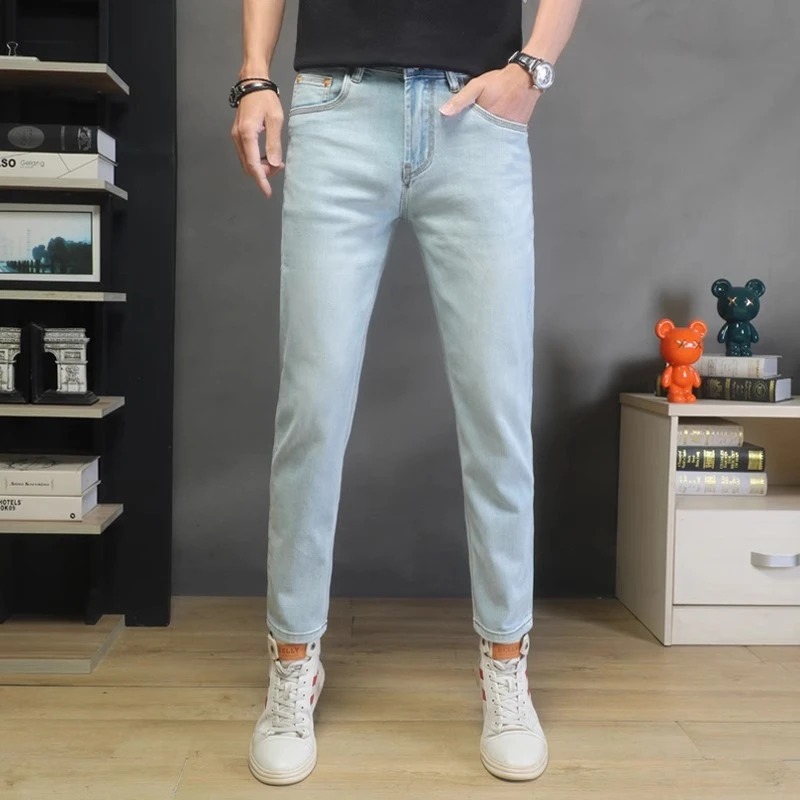 Cebrodz2025新款浅色九分牛仔裤男夏季薄款修身小脚裤高端休闲裤
