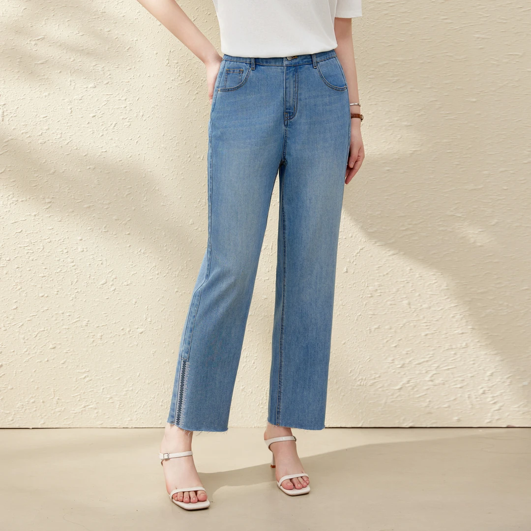 【烫钻九分法棍裤】纤莉秀W大码女装设计感毛边松紧腰长裤QK0448