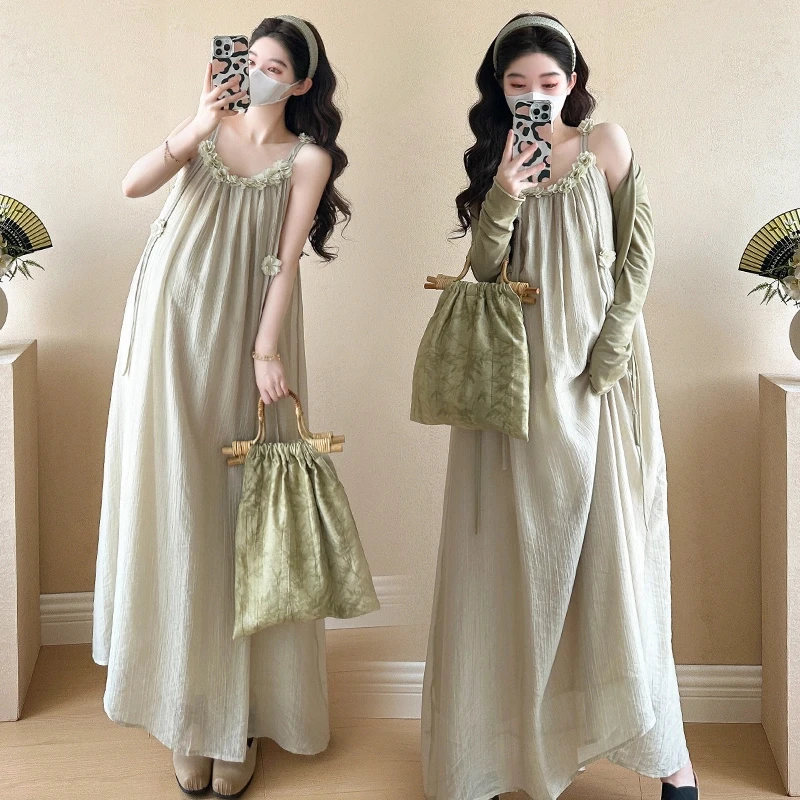 孕妇装夏季连衣裙2025新款孕妈穿搭开衫吊带裙套装洋气时髦两件套