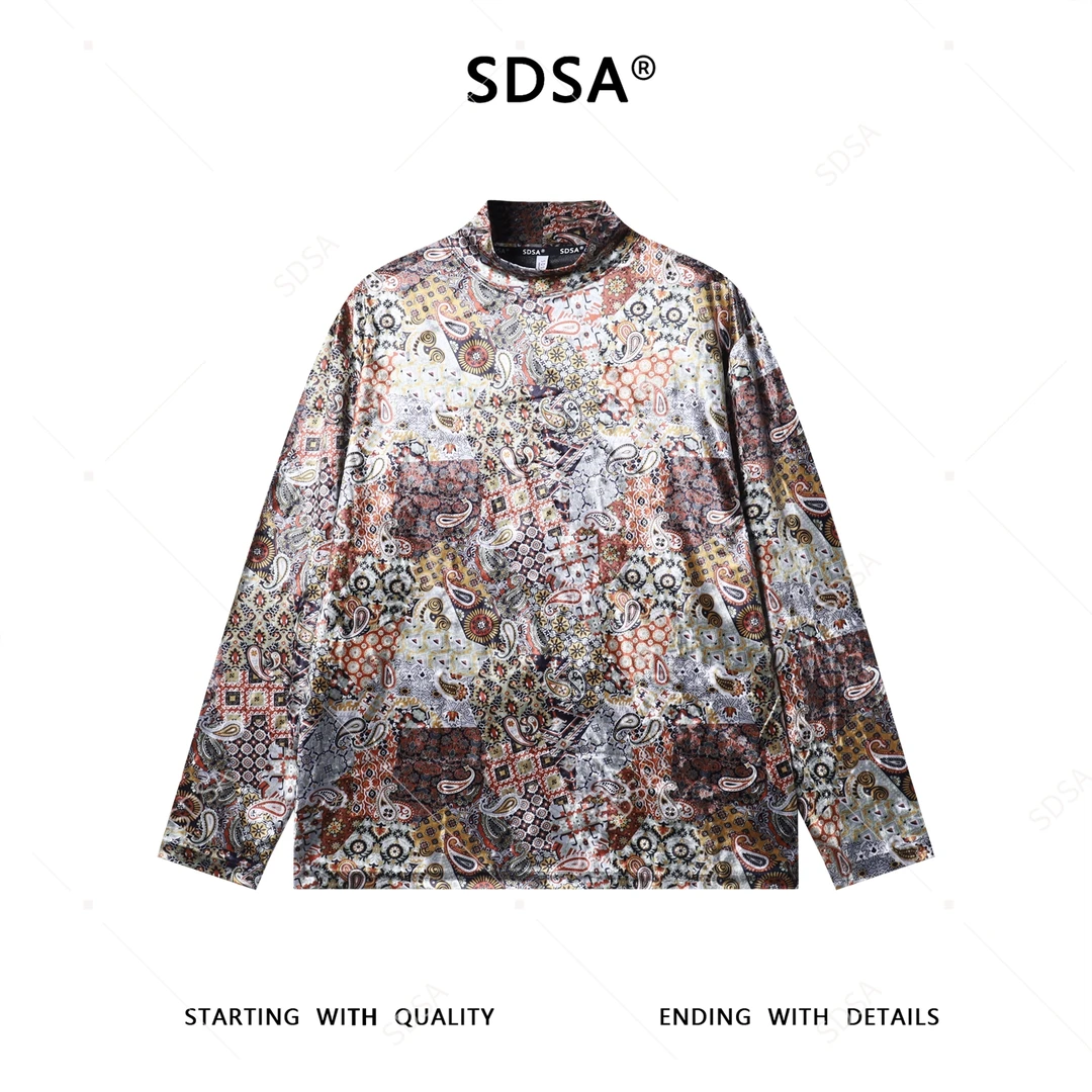 SDSA秋冬新款痞帅男装潮牌撞色抽象植物花卉半高领长袖T恤百搭