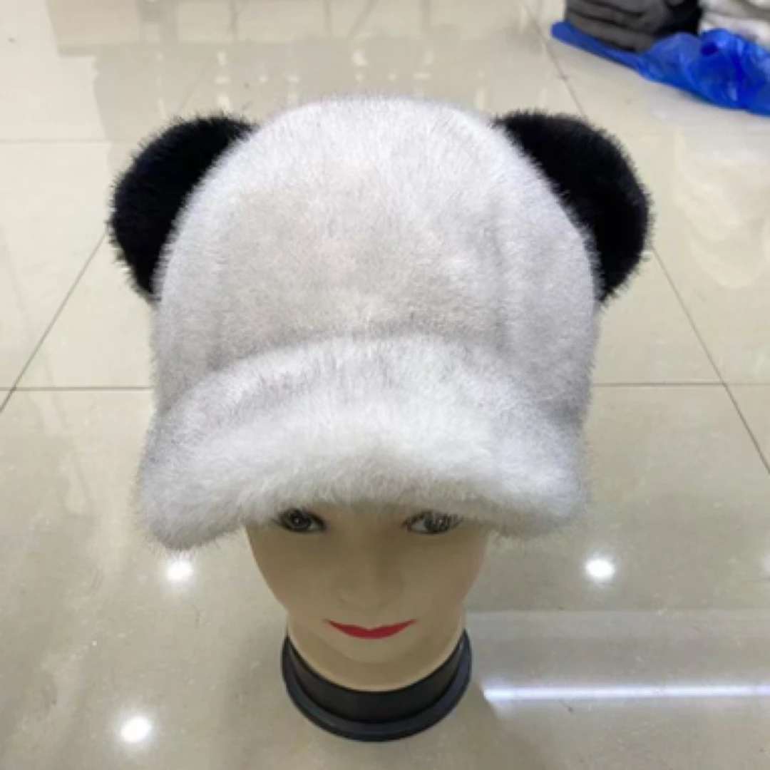 冬季仿水貂毛鸭舌帽女可爱米奇耳朵加厚保暖户外帽子男士针织时尚