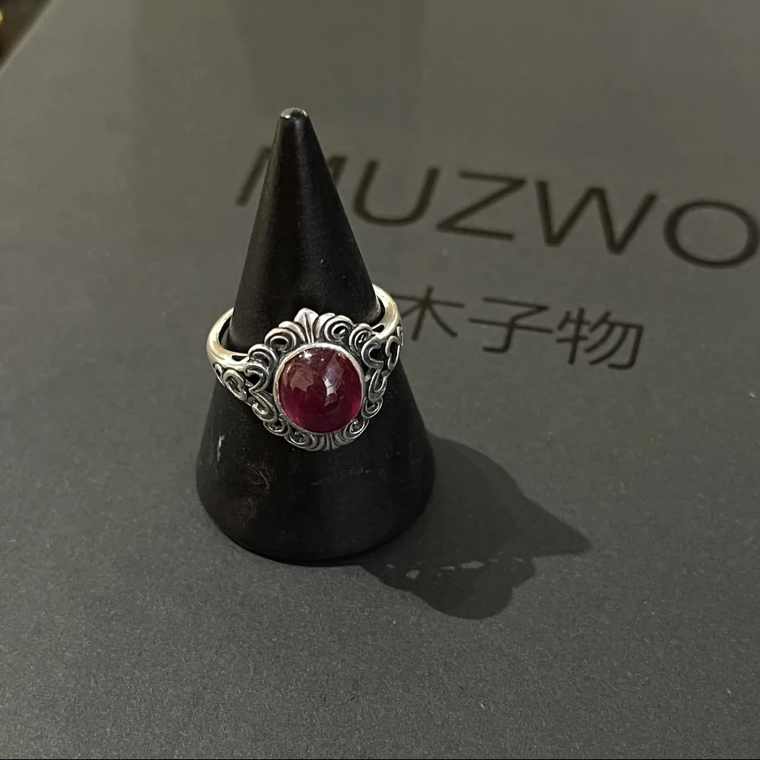 925银戒指 木子物·s925银手工制作镶嵌小红复古氧化感开口戒指