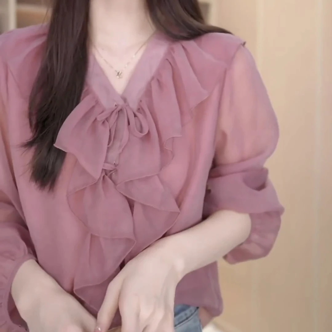【大脸哈】【现货】洋气荷叶领衬衫女夏季新款设计感衬衣百搭长袖上衣