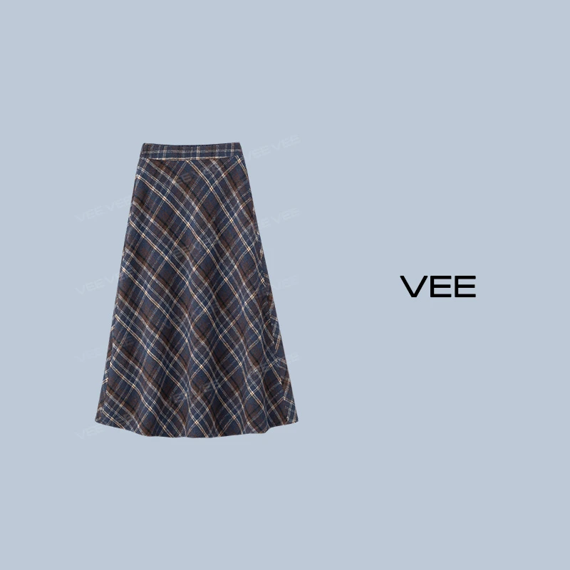 VEE【特调格调】新款时尚气质通勤优雅复古显瘦毛呢格纹A字半裙