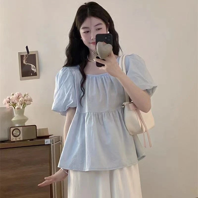 夏季宽松小清新方领短袖上衣衬衫甜美法式气质时尚泡泡袖褶皱T恤