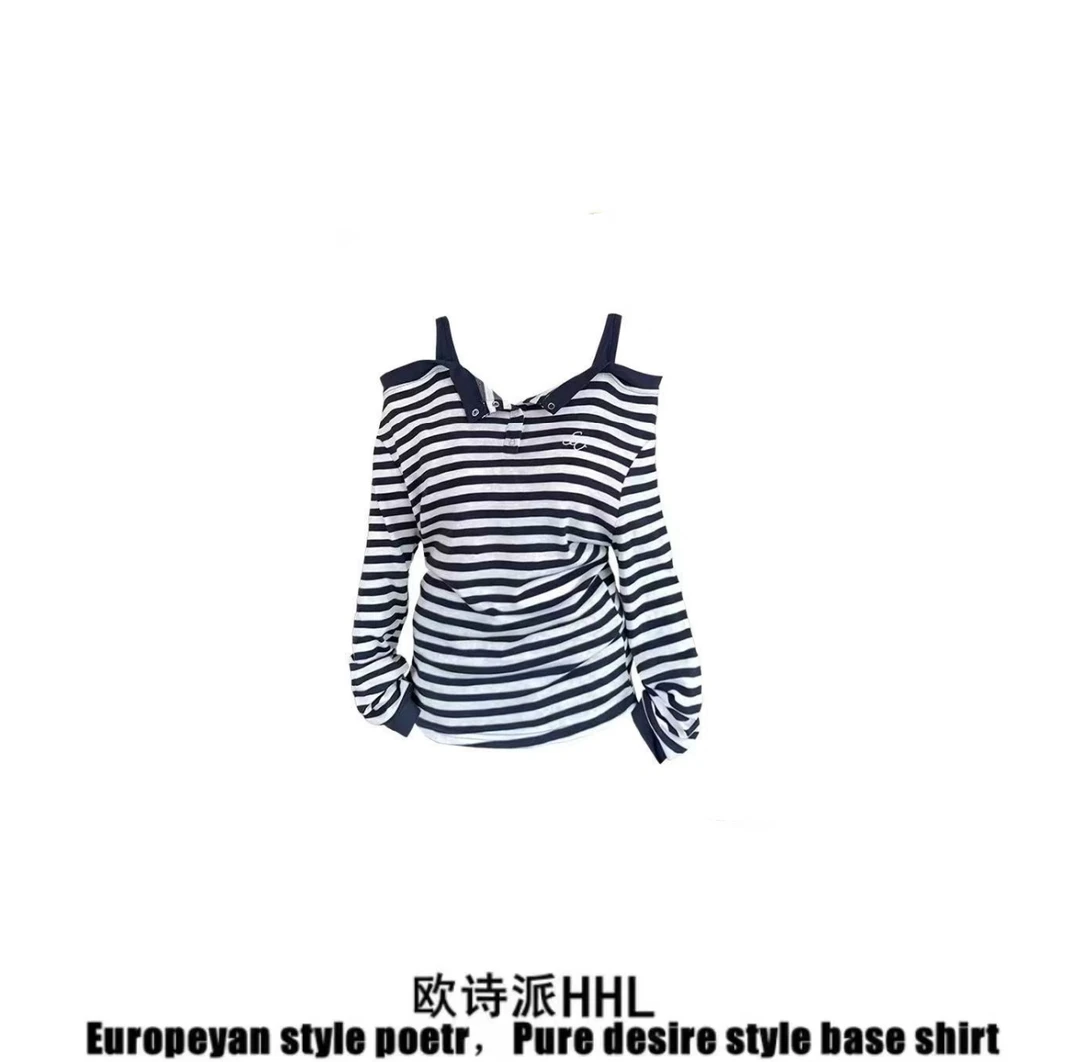 韩系穿搭甜辣风假两件条纹一字肩长袖t恤女早秋季设计感露肩上衣