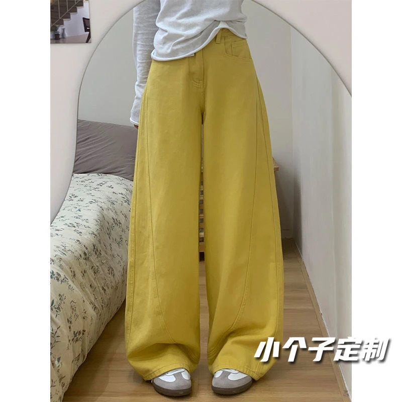 145小个子美式复古黄色高腰阔腿牛仔裤女新款宽松显瘦休闲长裤潮
