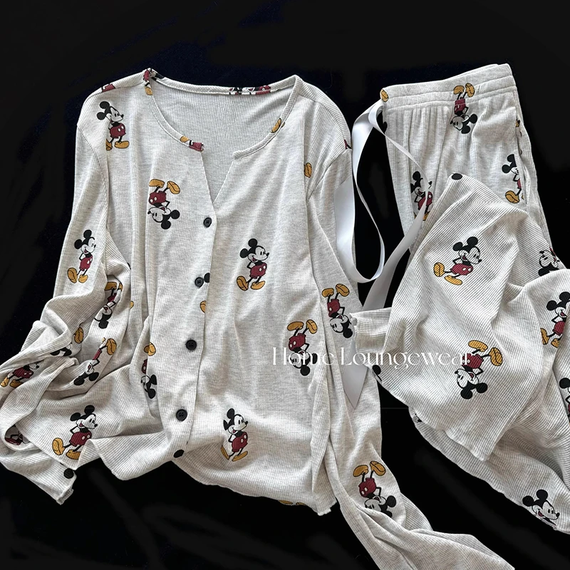 【莫代尔米奇】卡通可爱亲肤螺纹开衫长袖长裤睡衣春季家居服套装