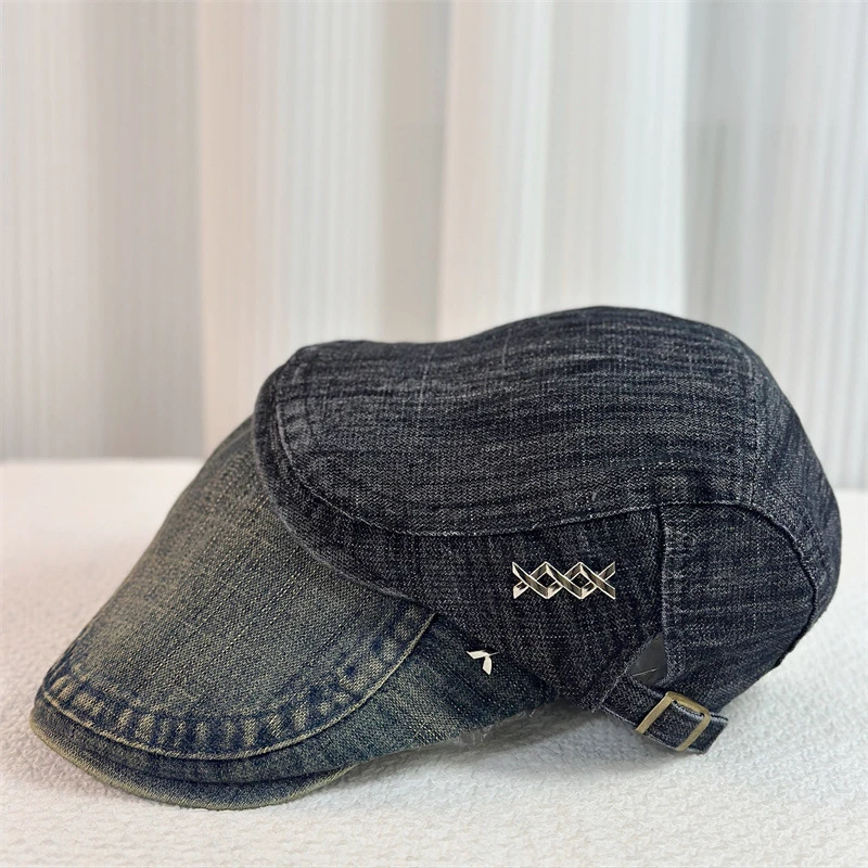 新款牛仔前进帽女复古水洗贝雷帽男时尚休闲百搭帽子四季款画家帽