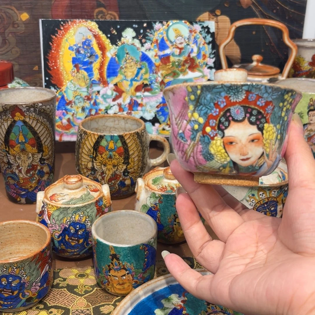 手工手绘花旦盖碗