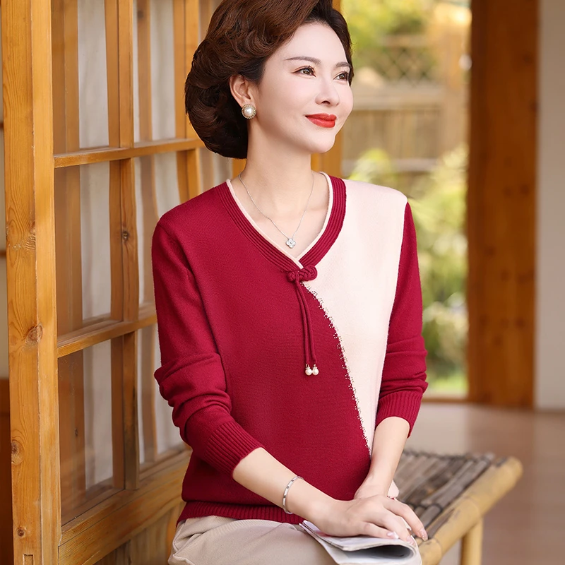 春秋新款洋气针织上衣妈妈装长袖时尚薄毛衣中老年女50岁大码上衣