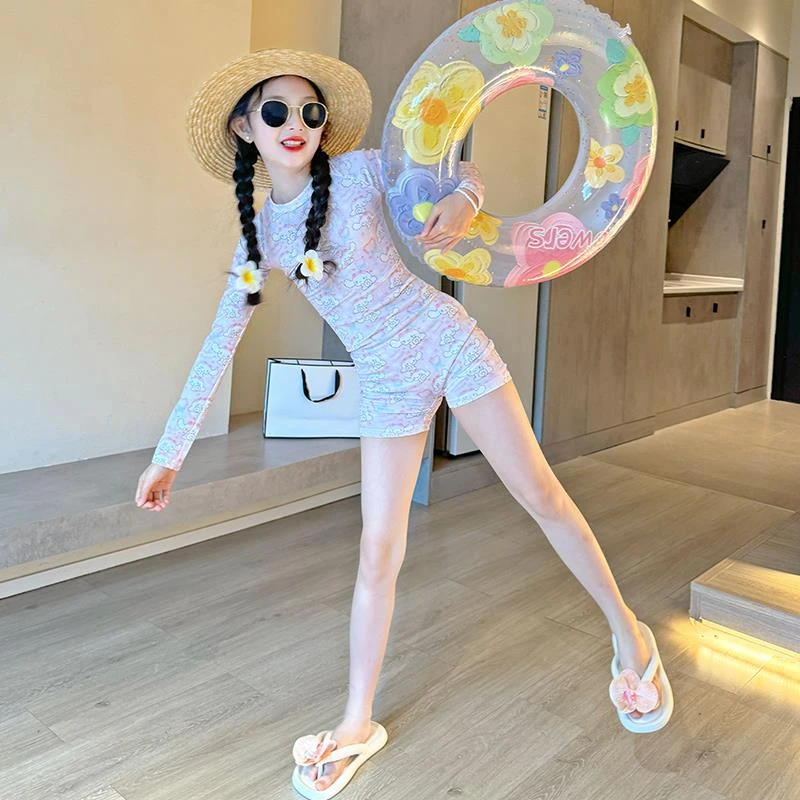 泳衣女款女童2025新款大童女孩可爱玉桂狗游泳衣儿童长袖连体泳装
