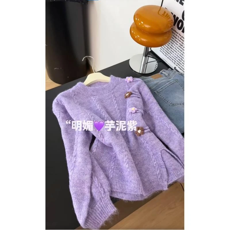 法式开叉圆领小香风毛衣女2025秋冬新款温柔风长袖针织衫花朵上衣