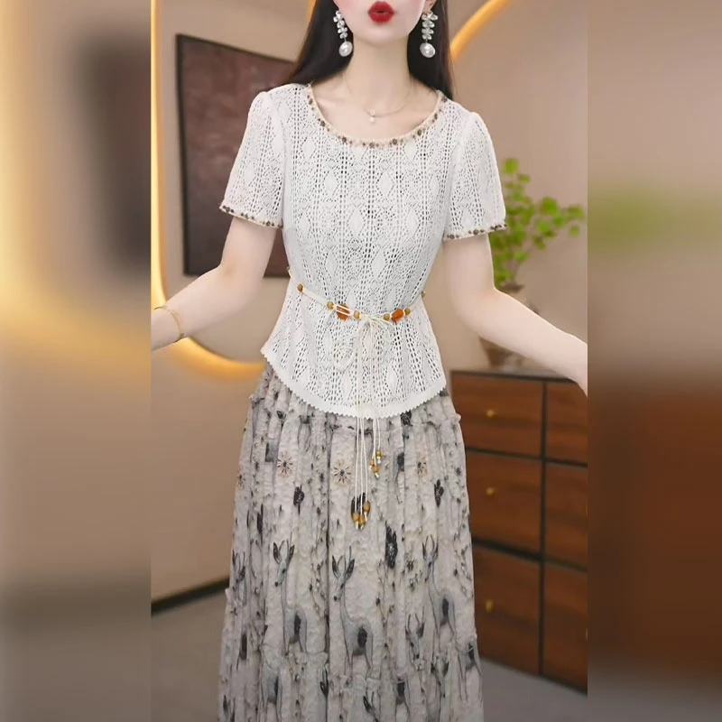 梦莎姿叠穿蕾丝小衫套装裙女2025新款爆款印花吊带连衣裙两件套潮