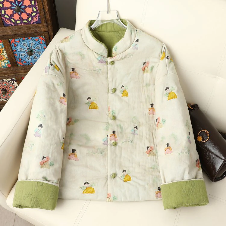 女士长袖厚款落肩袖立领新中式国风双面穿棉花棉衣