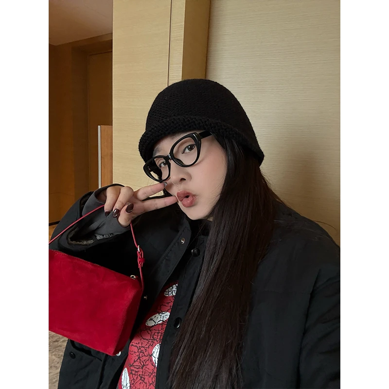 铅笔小鑫大码女装 时髦感百搭黑色卷边针织渔夫帽大头围