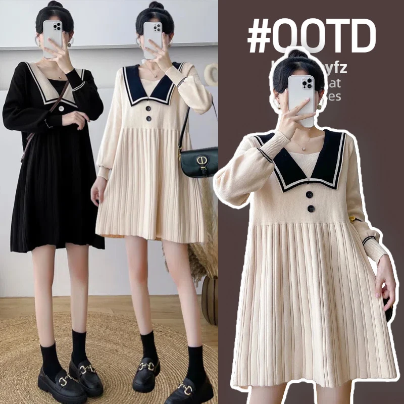 包芯纱2025新款孕妇装连衣裙春装海军领秋季裙子春秋款