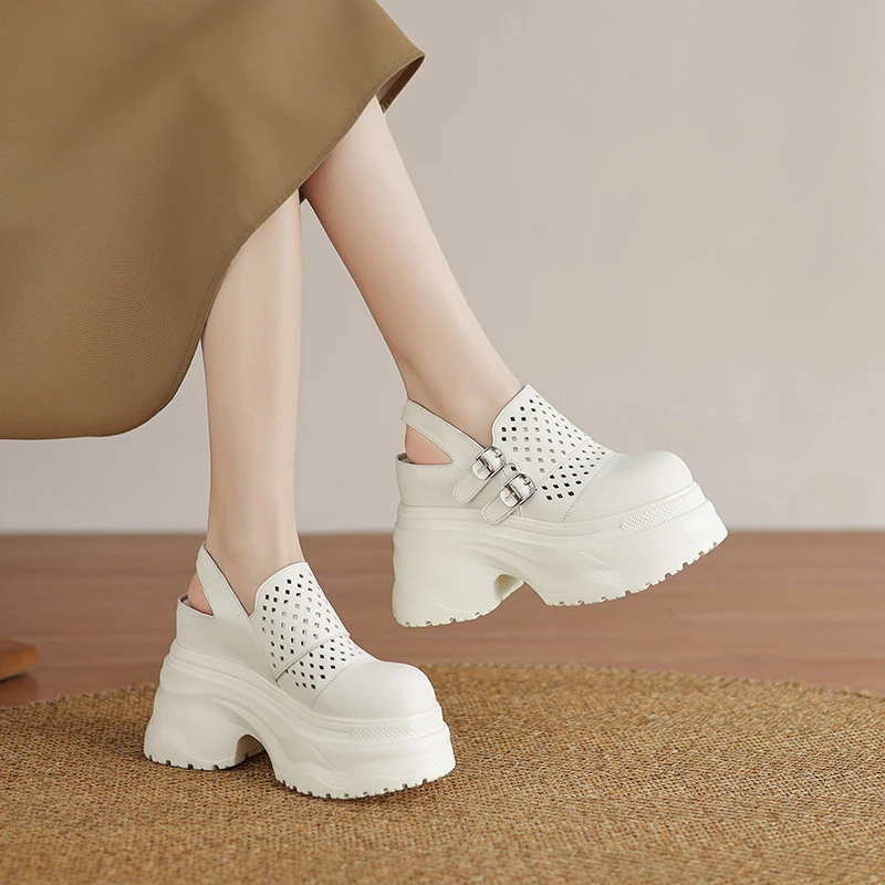 牛皮/12cm夏季增高休闲包头凉鞋女镂空透气小个子高跟厚底松糕鞋