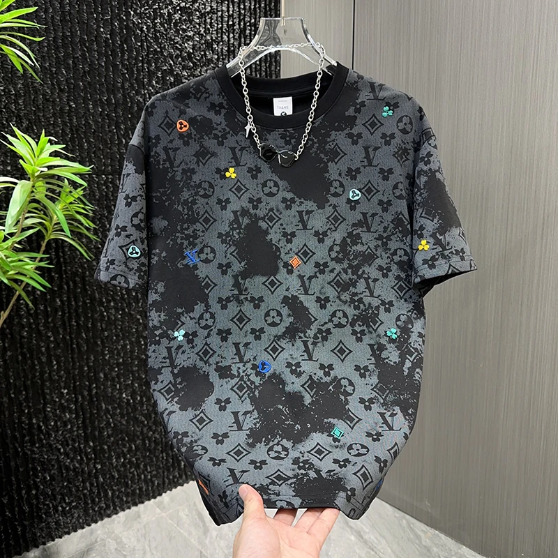 夏季新款潮流印花休闲T恤男士宽松圆领时尚半袖渐变体恤衫痞帅潮t