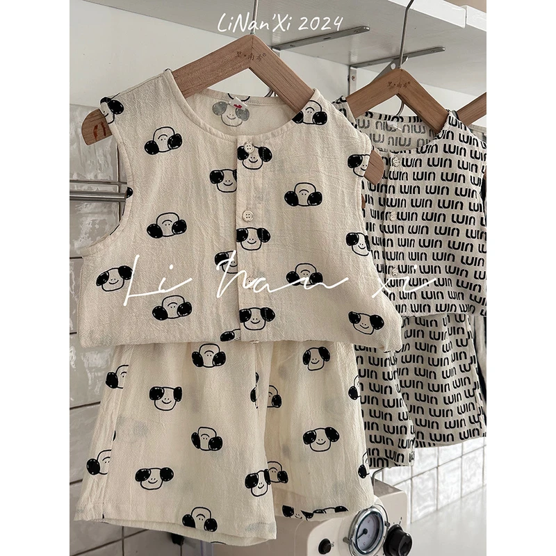 男童套装2025夏新款仿亚麻ins风两件套3-8岁宝宝无袖上衣中裤