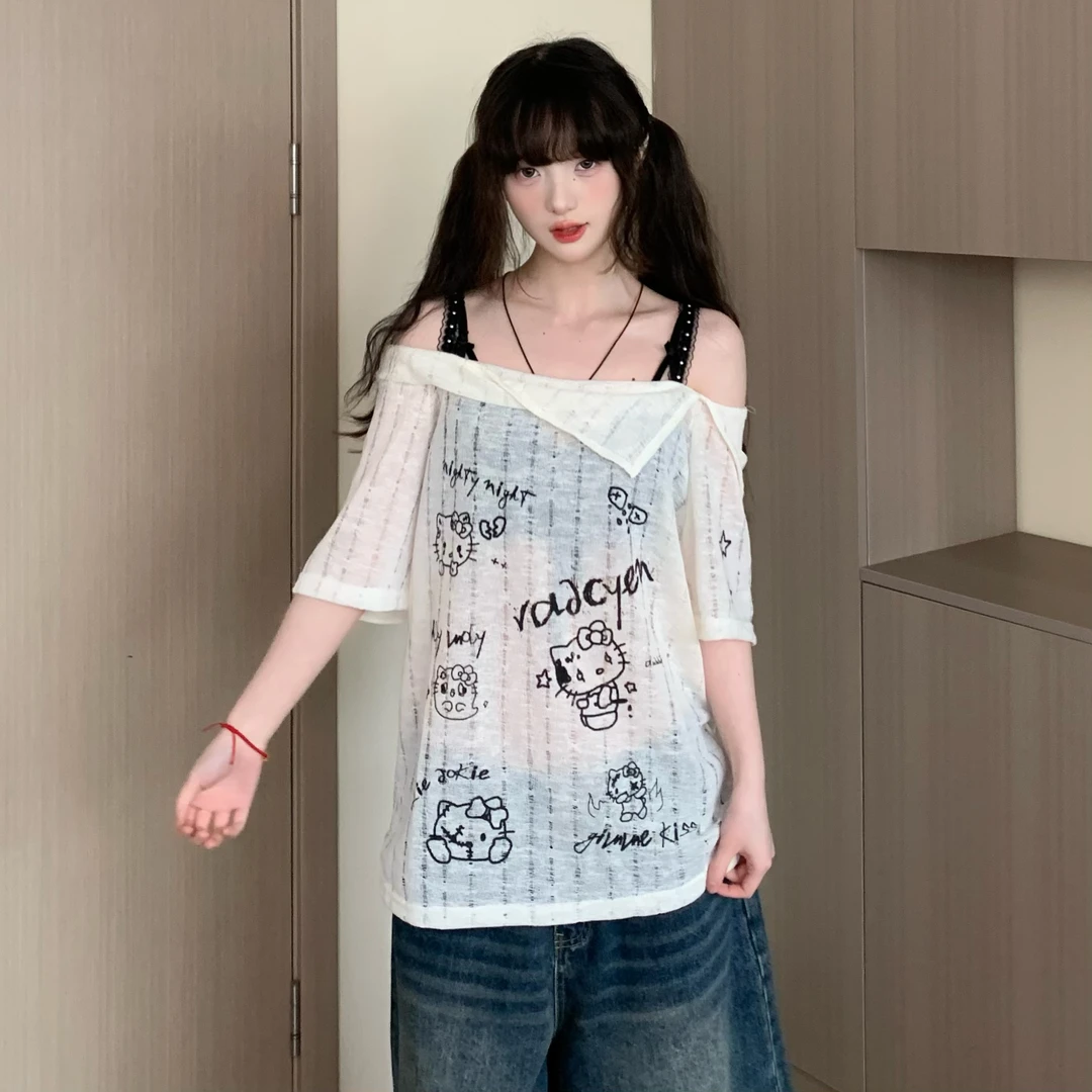 EZEK夏季一字肩KT猫可爱风T恤上衣罩衫漏肩辣妹风显瘦百搭2025潮