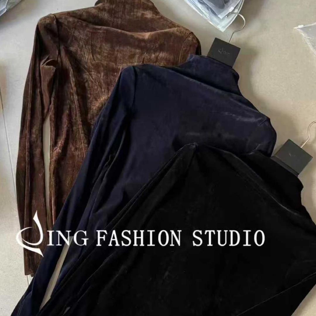 法式植绒长袖通勤拼接网红修身圆领针织半高领T恤