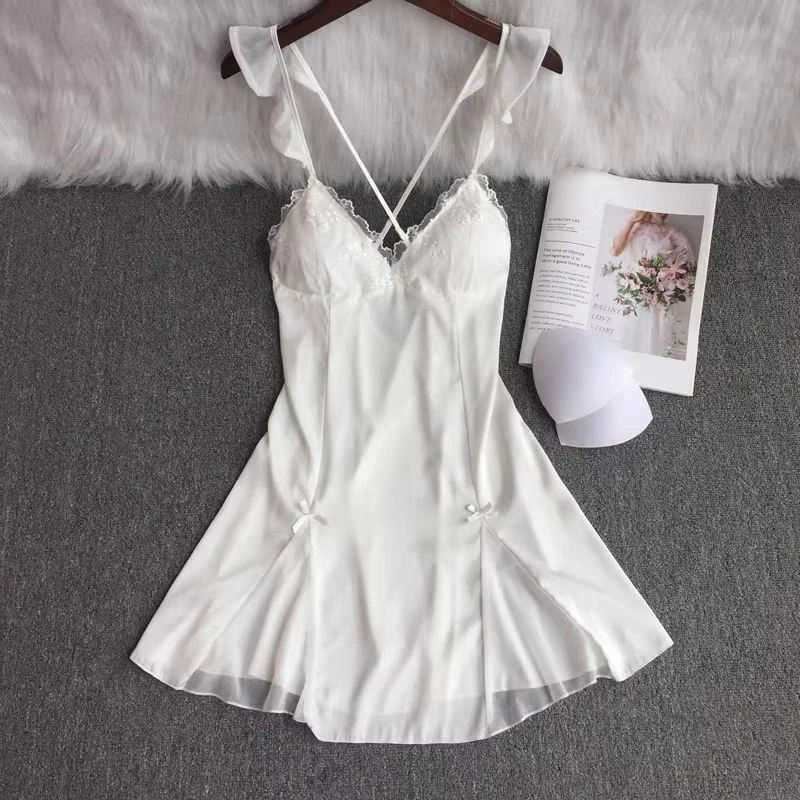 性感睡衣女夏季纯色吊带蕾丝蝴蝶结露背胸垫纯欲风薄款睡裙女士