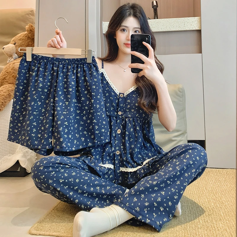 云朵棉三件套吊带睡衣女自带胸垫无袖长裤性感碎花甜美家居服套装