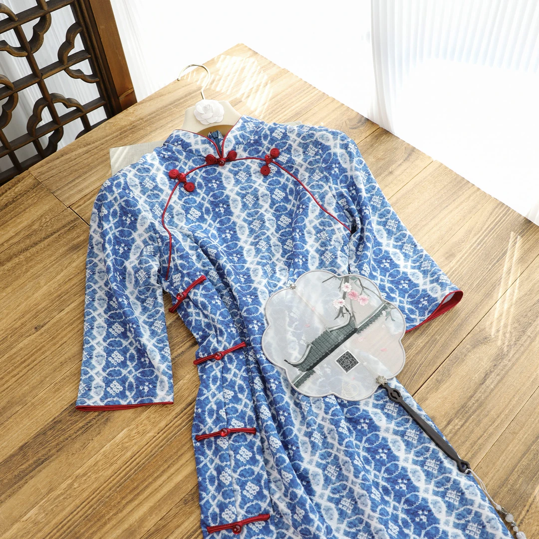 俏娘鱼蓝色复古新中式改良长袖旗袍女2025秋季新款日常可穿年轻款