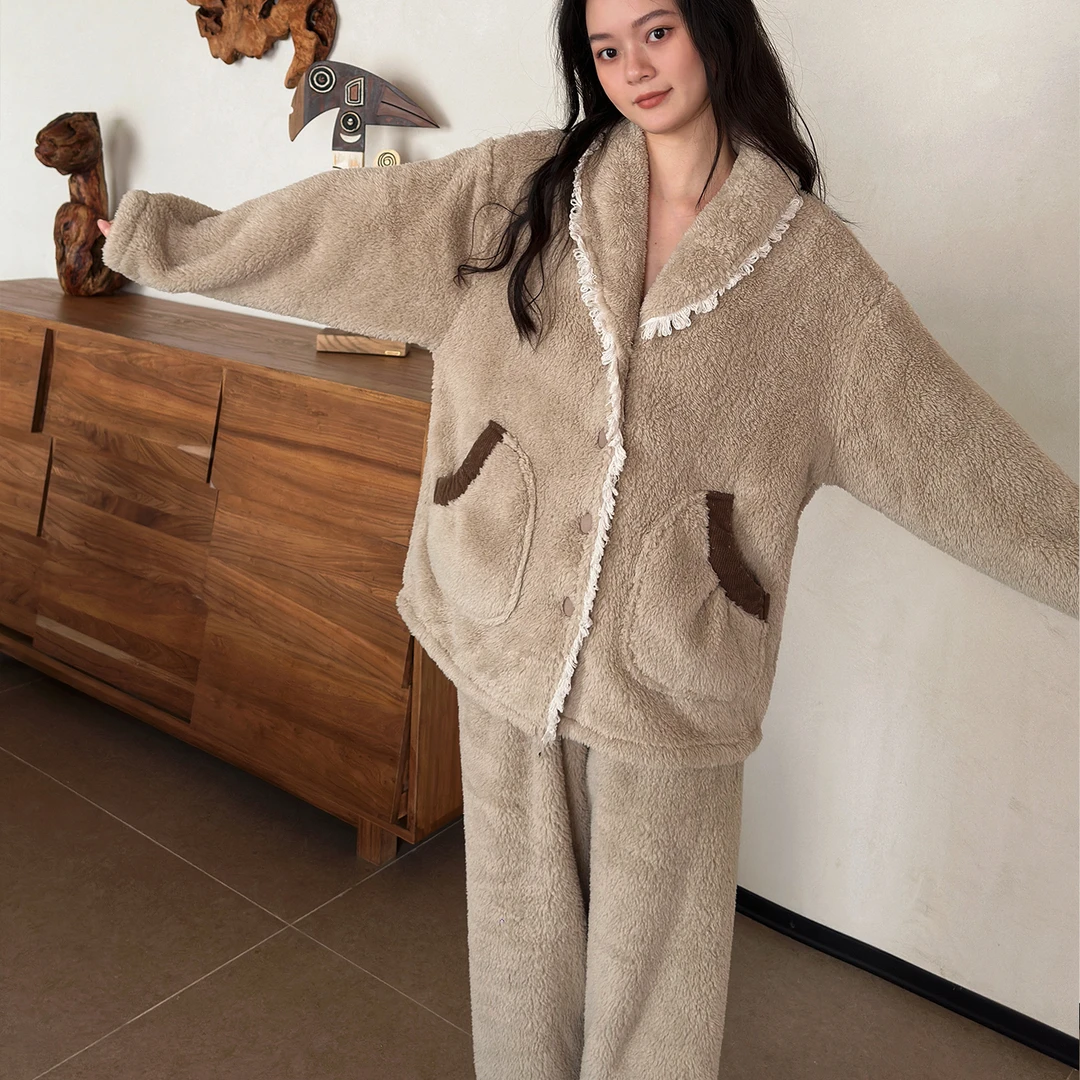 及好法兰绒睡衣女秋冬季加绒加厚保暖珊瑚绒长袖防静电家居服套装