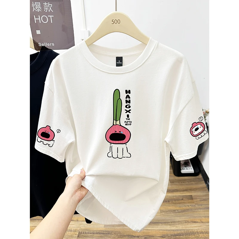 纯棉中长款短袖T恤女夏季新款韩版卡通印花纯棉圆领半袖上衣潮