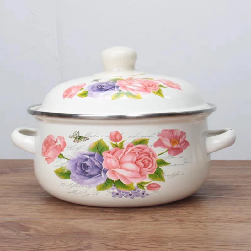 珐琅彩搪瓷加厚汤锅三件套家用双耳带盖汤锅泡面猪油锅煤气电磁炉