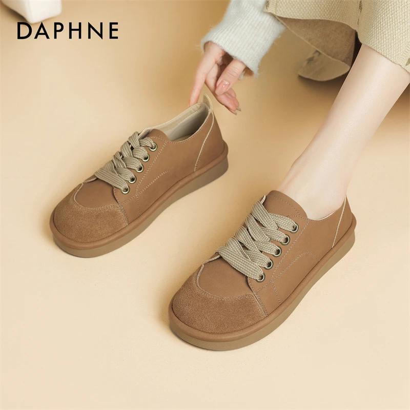 达芙妮品牌厚底懒人鞋单鞋女春季新款复古系带休闲运动风板鞋