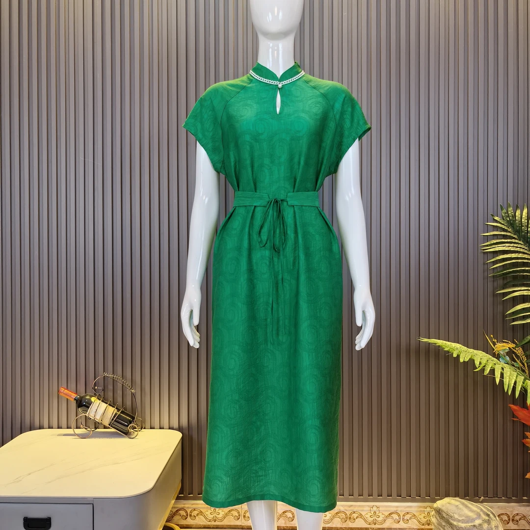 BQ0310绫岩品牌夏季宽松简约时尚立领长款短袖独立设计连衣裙