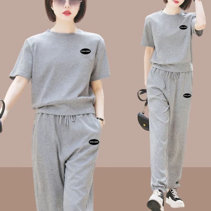 运动服套装女款2025夏季新款宽松短袖爆款透气大码遮肉休闲两件套