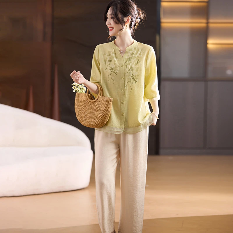 妈妈夏装套装洋气直筒裤两件套2025新款中年女装夏季休闲宽松上衣