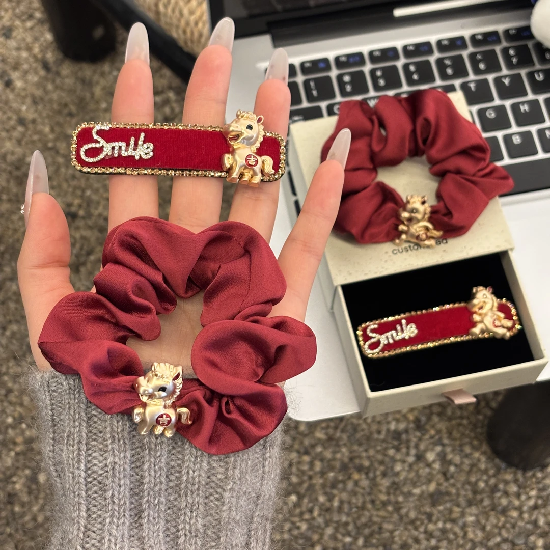 新年红发夹头绳发饰2026马年本命年头绳生肖侧边夹刘海夹发圈头饰