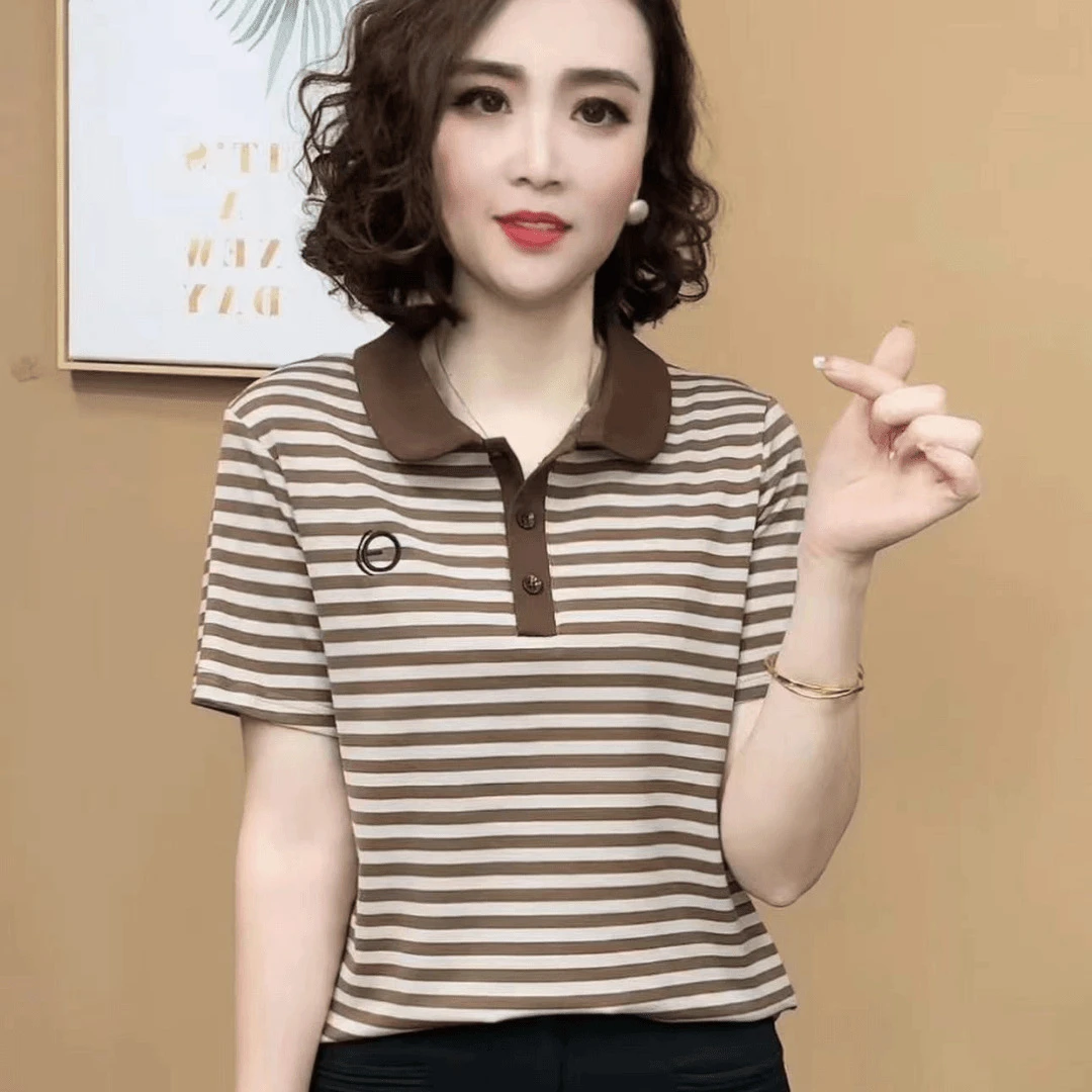 夏季新款短袖t恤女时尚撞色条纹显瘦百搭上衣运动休闲洋气polo衫