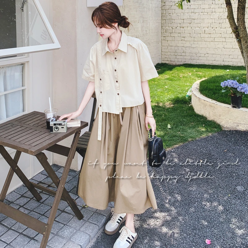 韩系夏季ootd氛围感穿搭一整套设计感衬衫上衣阔腿裤裙两件套