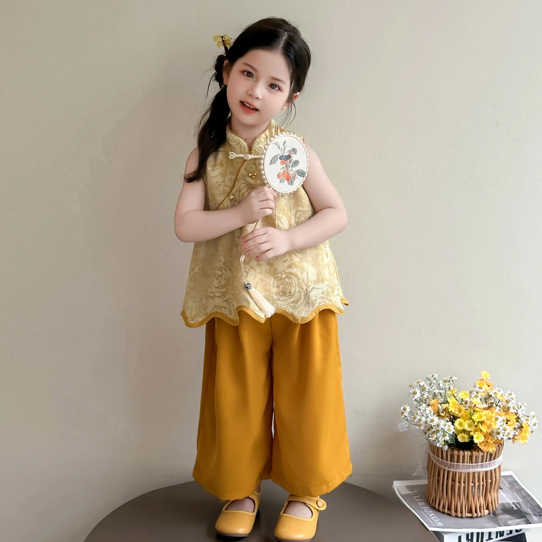 女童国风无袖套装2025新款儿童新中式汉服小女孩夏季阔腿裤两件套