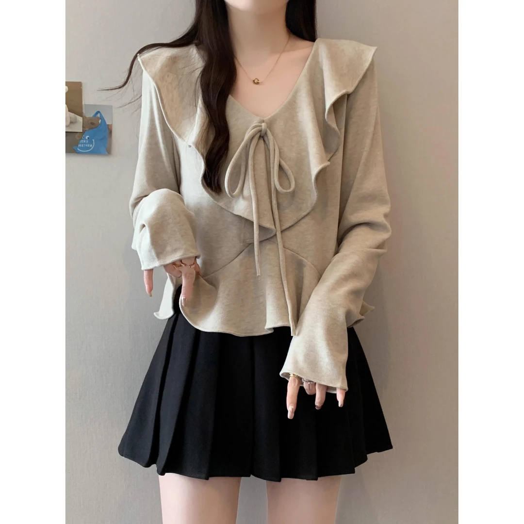 法式荷叶边V领长袖T恤秋季2025新款大码女装胖mm高级洋气小衫上衣