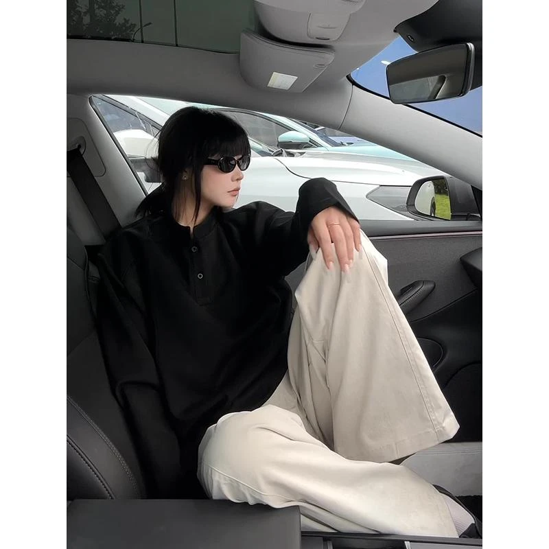 亨利领正肩卫衣男秋季cleanfit美式解构拼接设计感长袖T恤打底衫