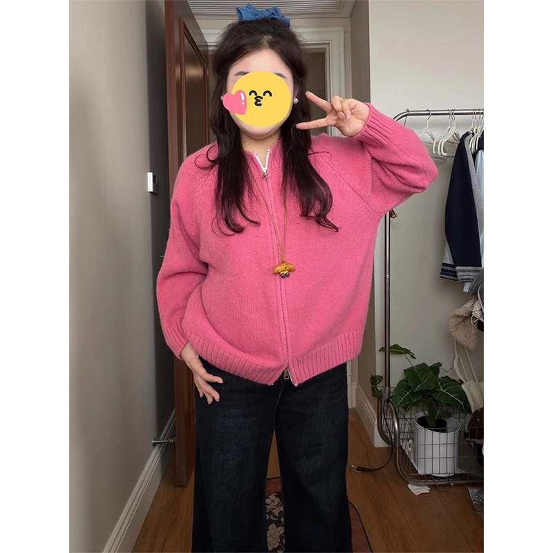 大码女装2025秋冬季胖mm新款时尚宽松简约拉链长袖上衣毛衣